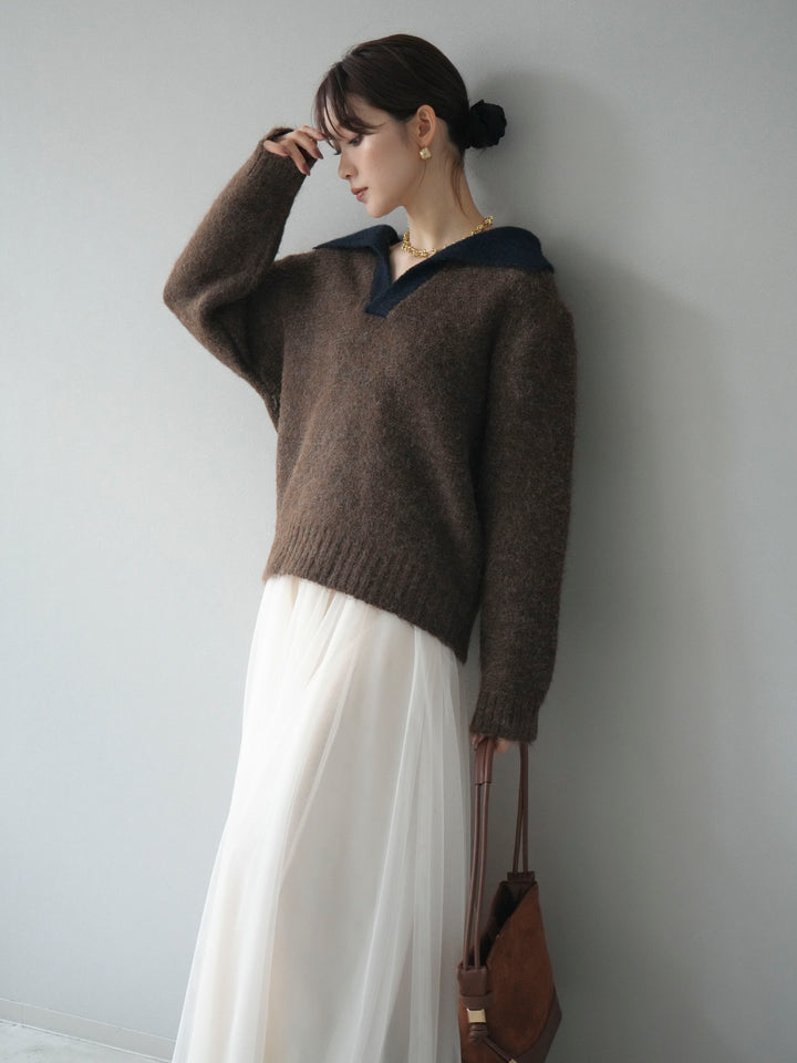 [予約]バイカラー襟付きニットプルオーバー/brown