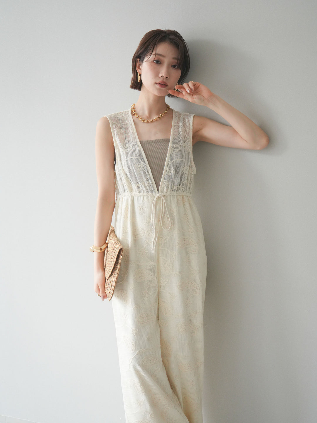 [予約]レース刺繍サロペット/ivory
