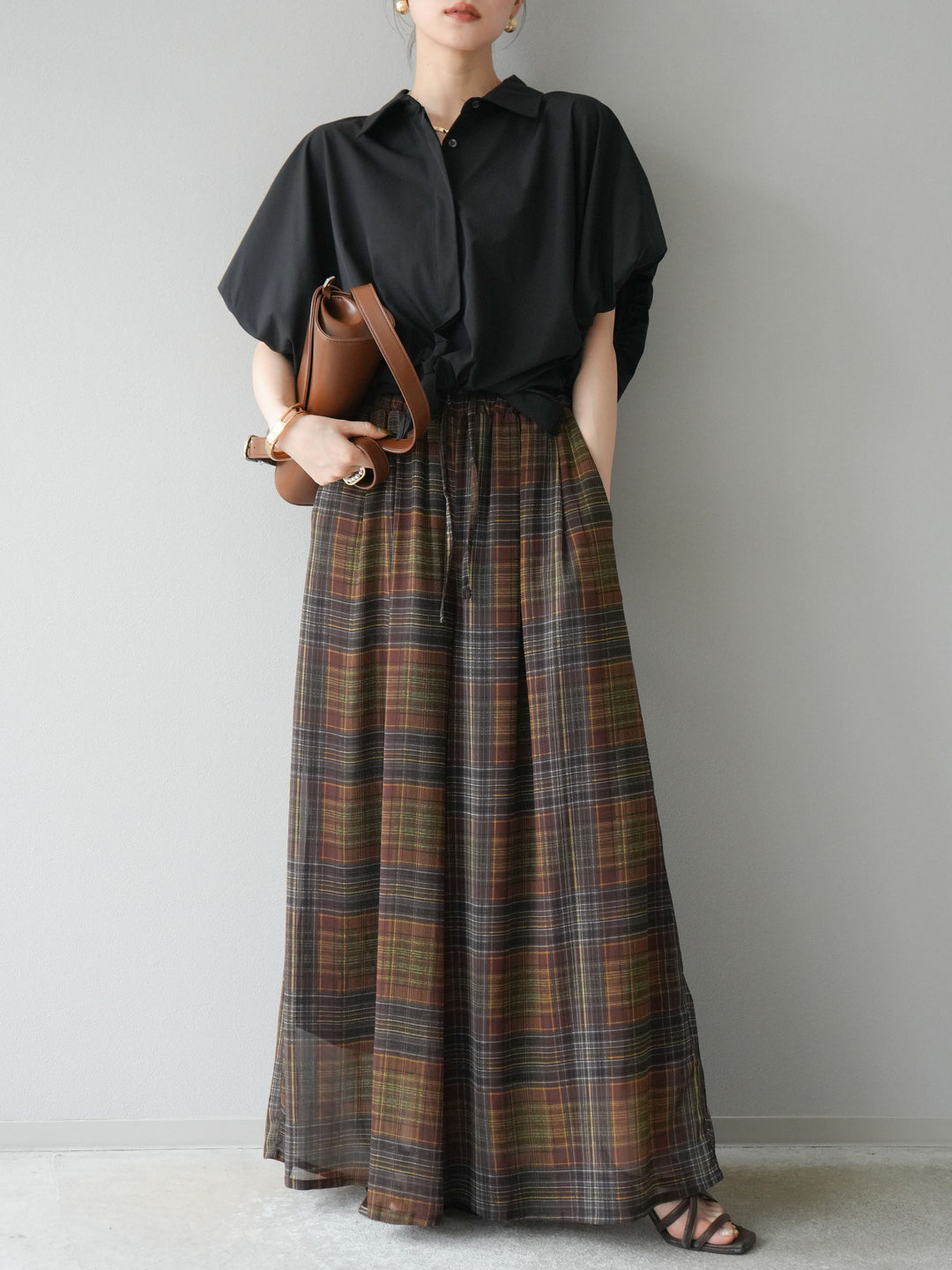 [預購] 透視格紋寬鬆褲/棕色