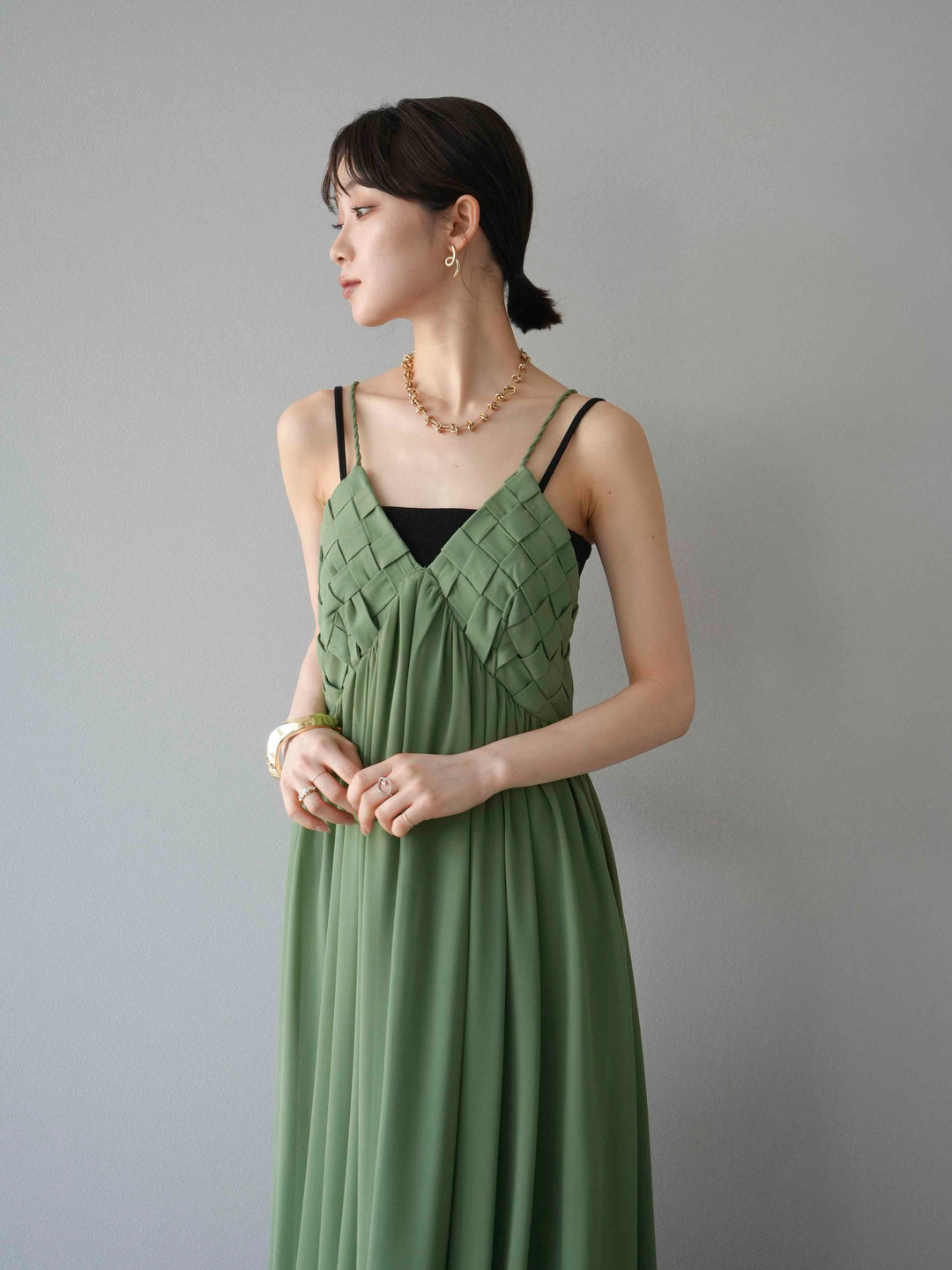 [予約]編み込みデザインシフォンワンピース/グリーン