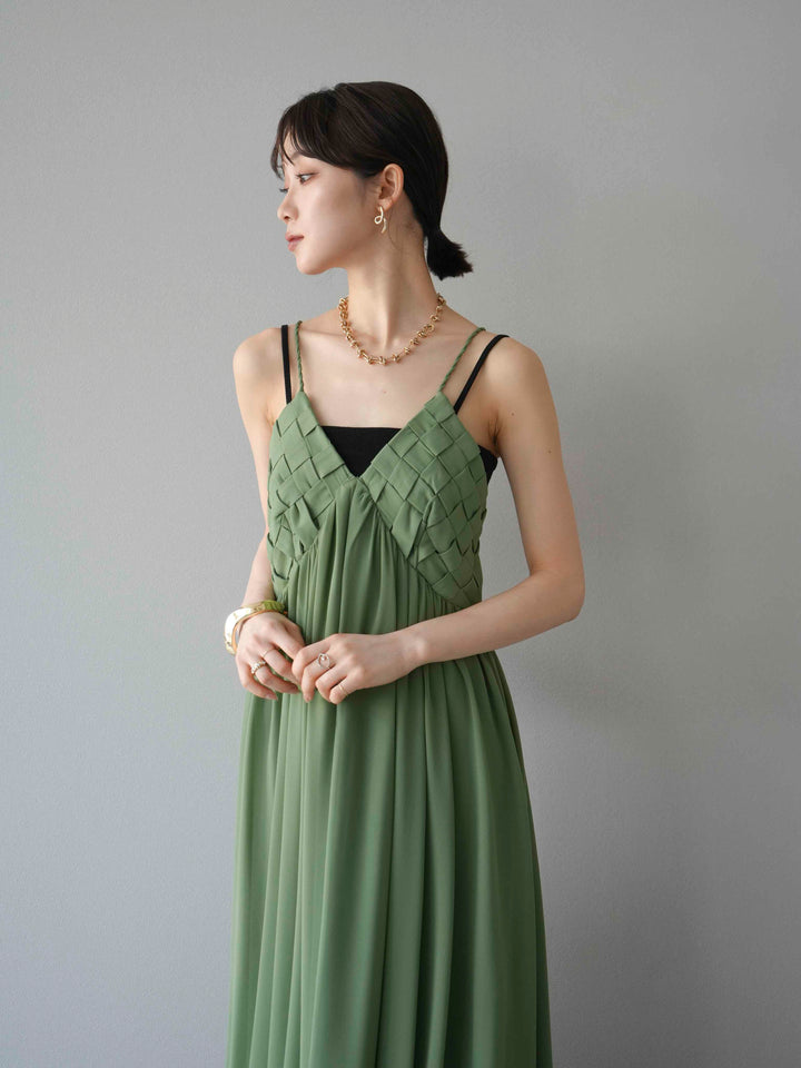 [予約]編み込みデザインシフォンワンピース/グリーン