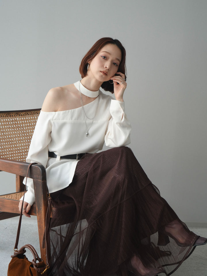 [SET]ベルト付ワンショルダースリットブラウス+ベルト付ワンショルダースリットブラウス(2set)