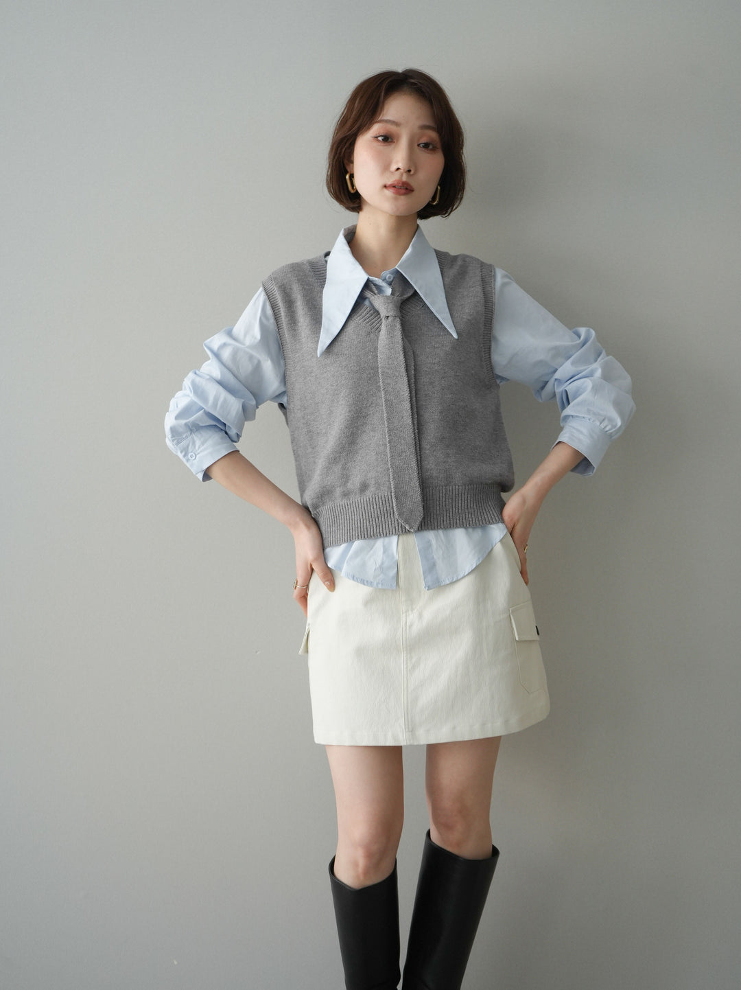 【套裝】蝴蝶結針織背心套裝襯衫+繫帶工裝迷你裙（兩件組）