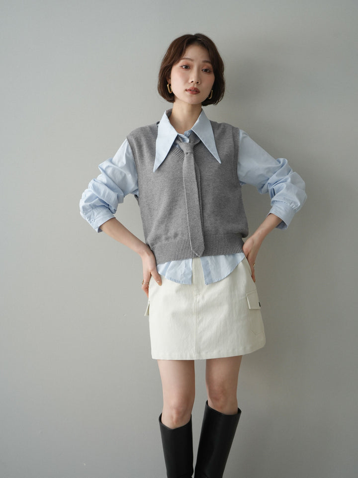 【套裝】蝴蝶結針織背心套裝襯衫+繫帶工裝迷你裙（兩件組）