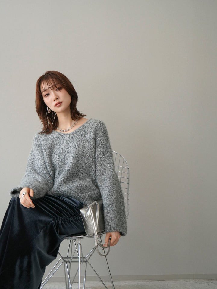 [予約]Vネックミックスヤーンニットプルオーバー/gray