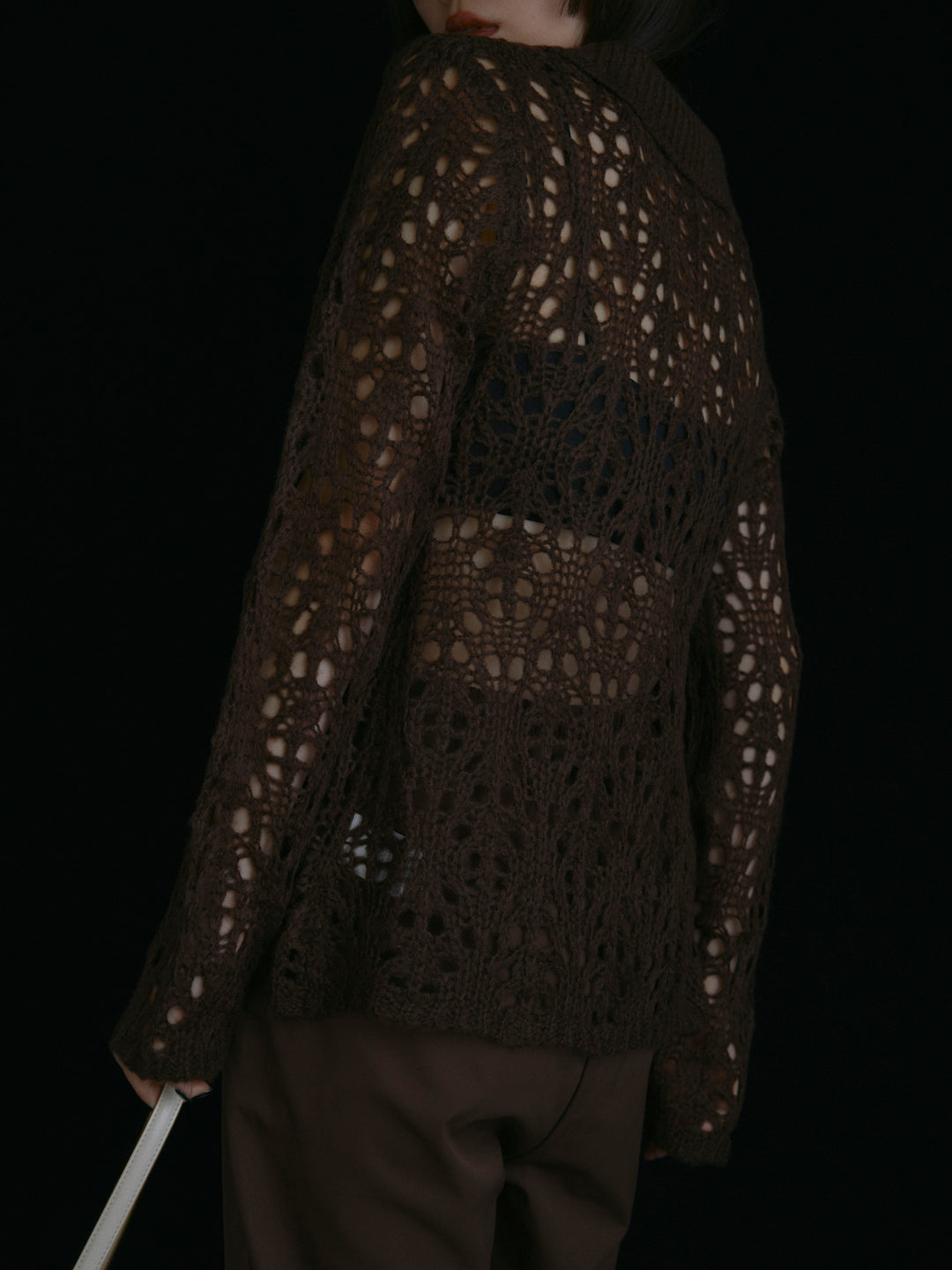 [予約]ローゲージ透かし編みポロニッカーディガン/ブラウン