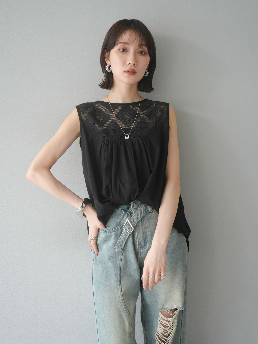 [予約]インド製コットンレース切替ノースリブラウス/ブラック