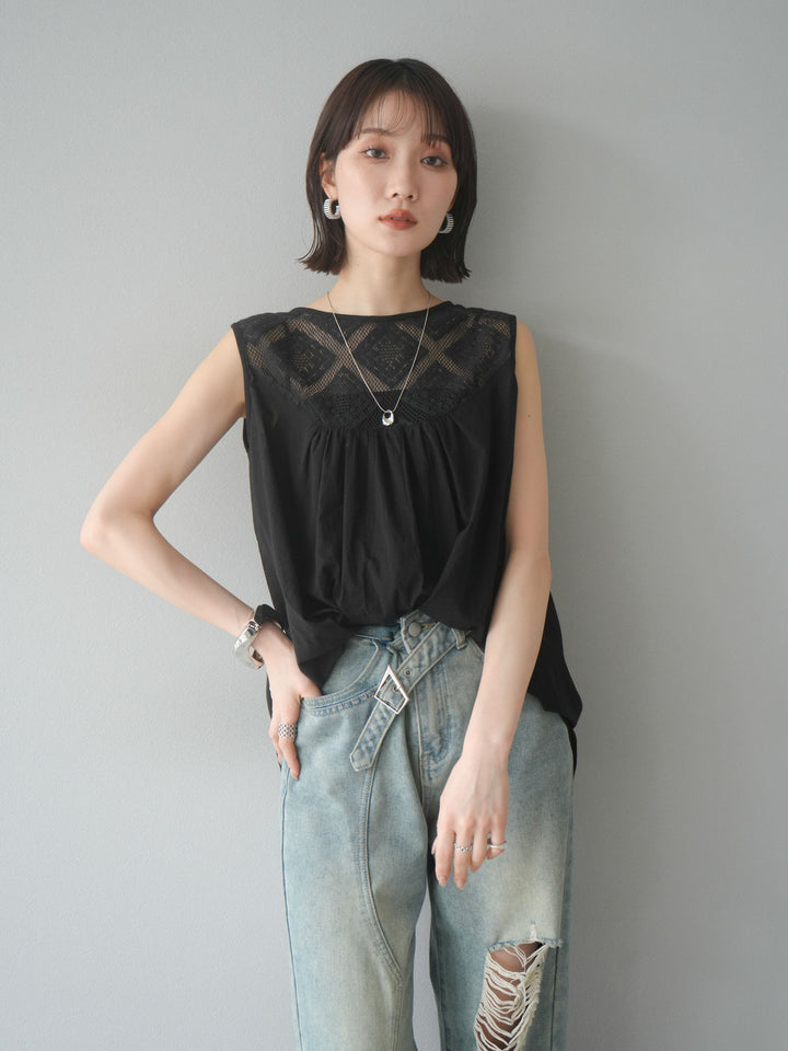 [予約]インド製コットンレース切替ノースリブラウス/ブラック