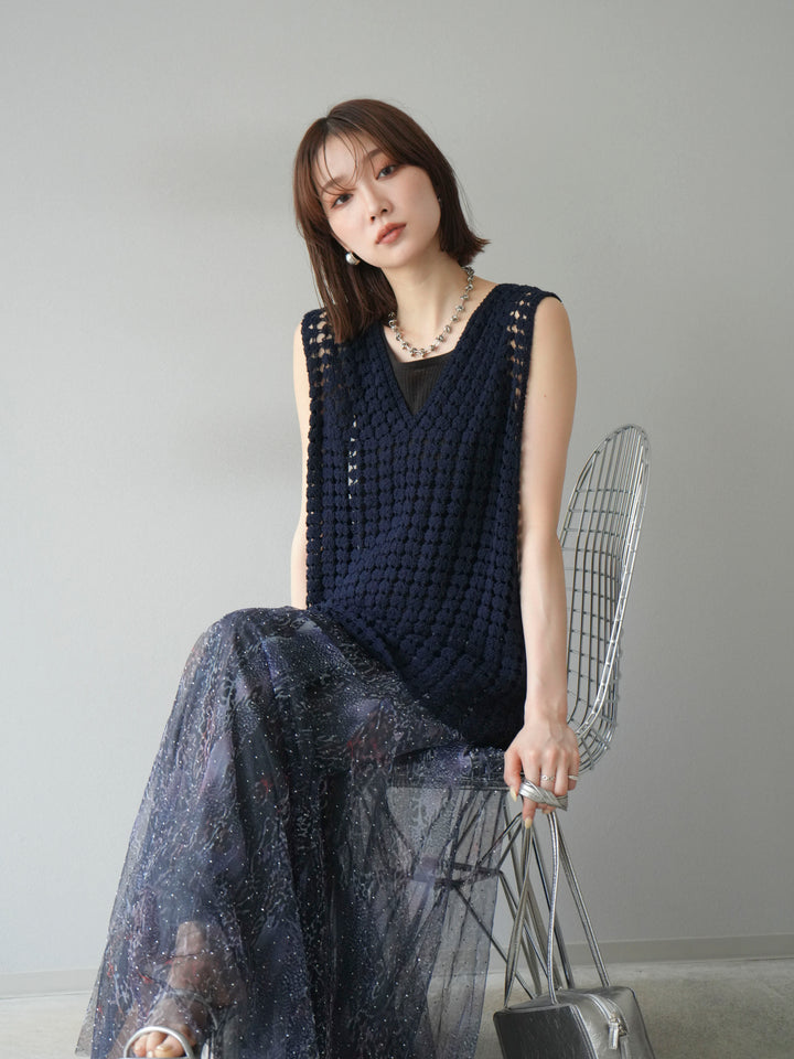 [予約]レースアップクロシェ編みニットベスト/ネイビー