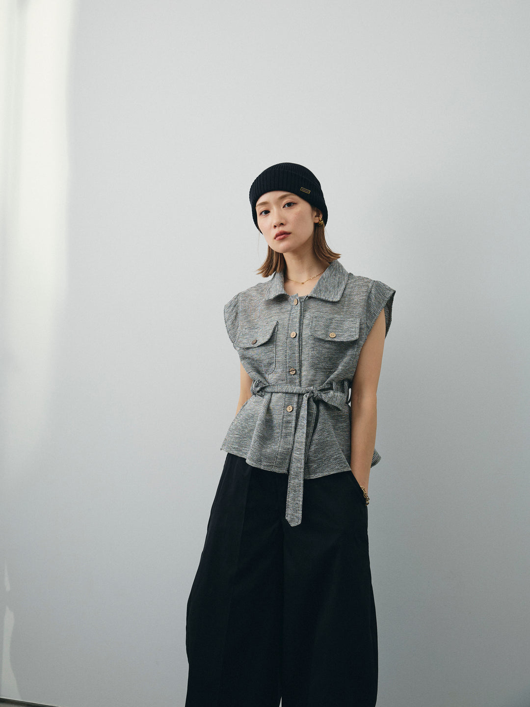 [SET]ミックスヤーンメッシュブラウス+コクーンワイドチノパンツ(2set)