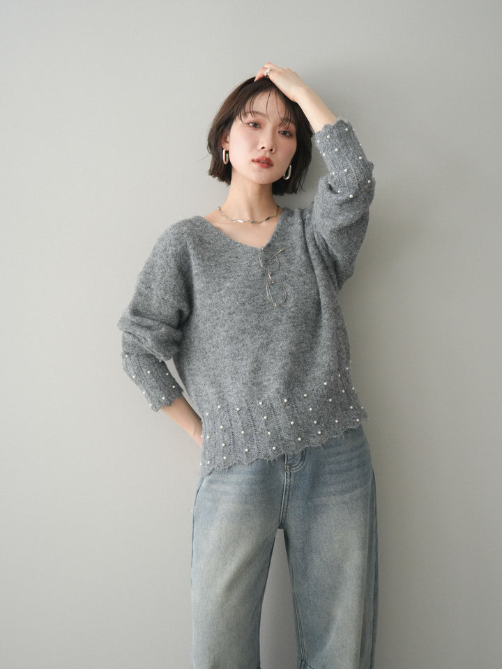 [SET]パールフリルリブヘムニットプルオーバー+選べるアクセセット(2set)