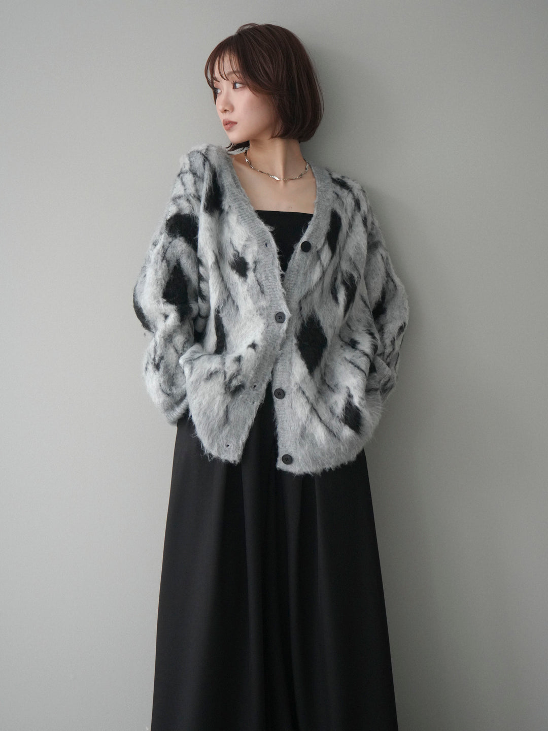 [予約]アーガイル柄シャギーニットカーディガン/gray