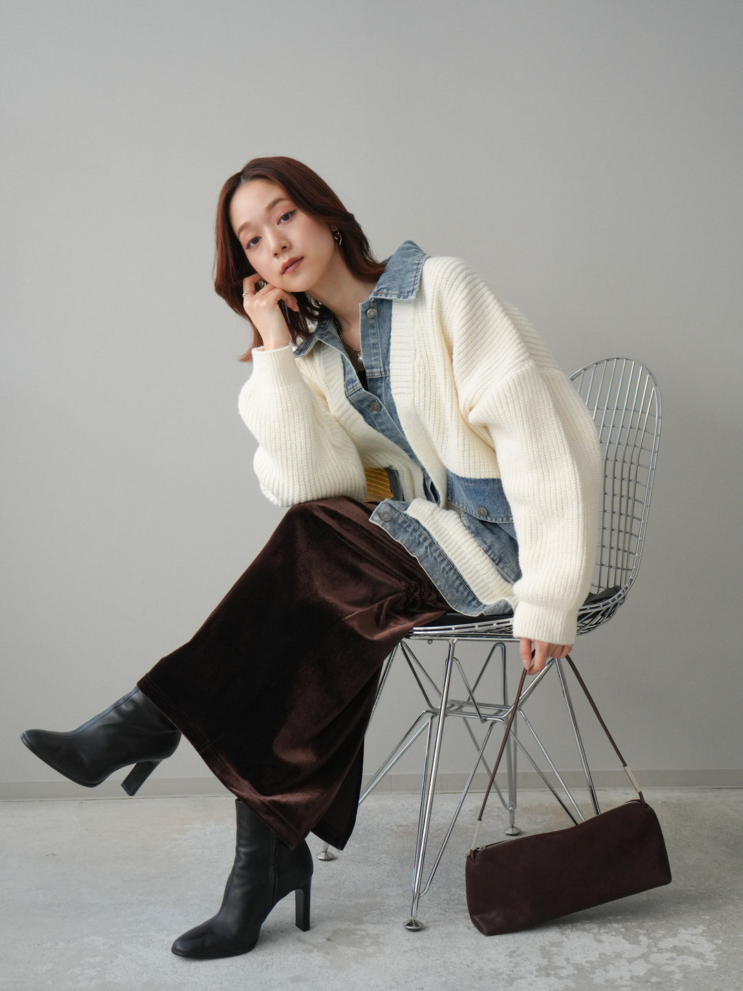 [SET]デニムドッキングオーバーニットジャケット+ギャザーベロアスカート(2set)