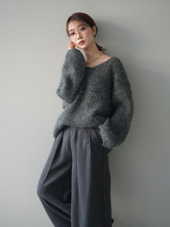 [予約]ウールタッチラメミックスヤーンVネックニットプルオーバー/charcoal