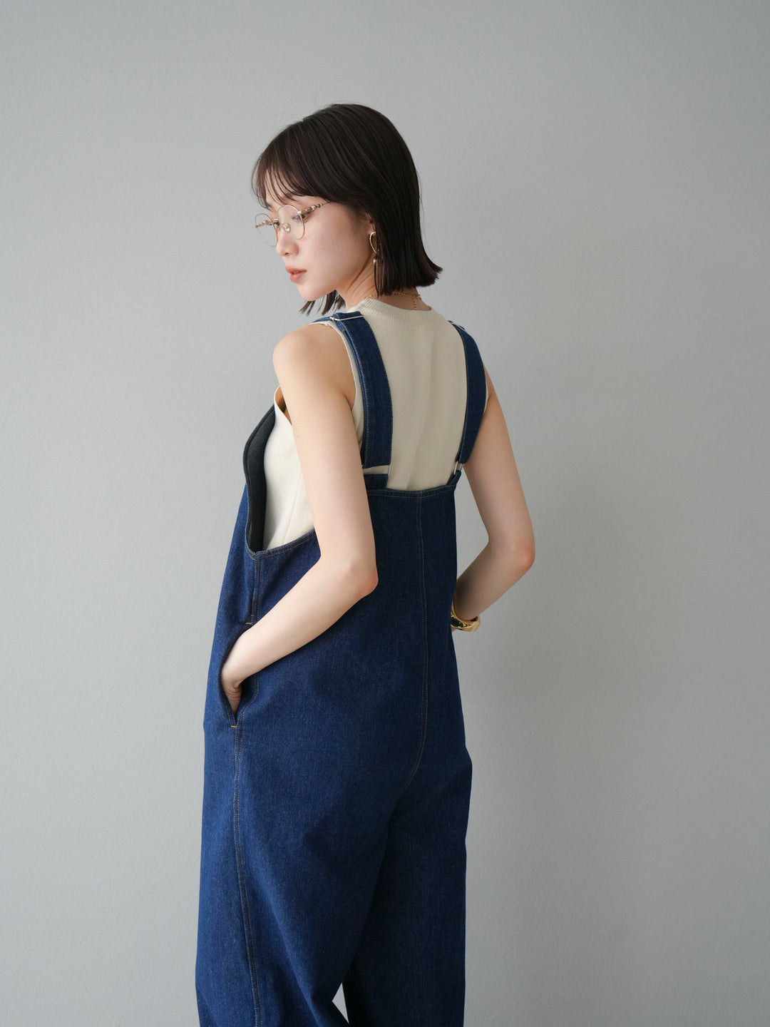 [予約]フロントZIP Vネックデニムサロペット/インディゴ