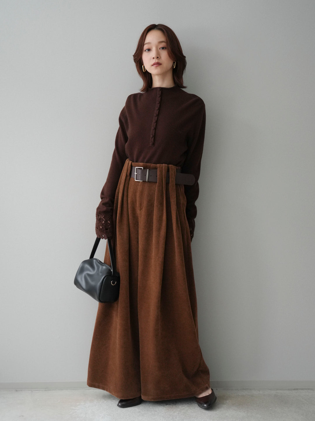 [SET]袖スカラップレースフロントボタンウールニットトップス+ベルトデザインループコールテンワイドパンツ(ベルト付き)(2set)