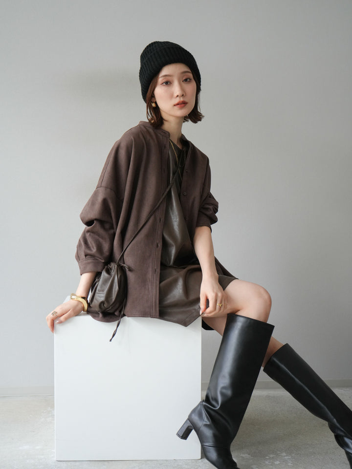 [予約]スエードバンドカラーオーバーシャツ/ダークブラウン