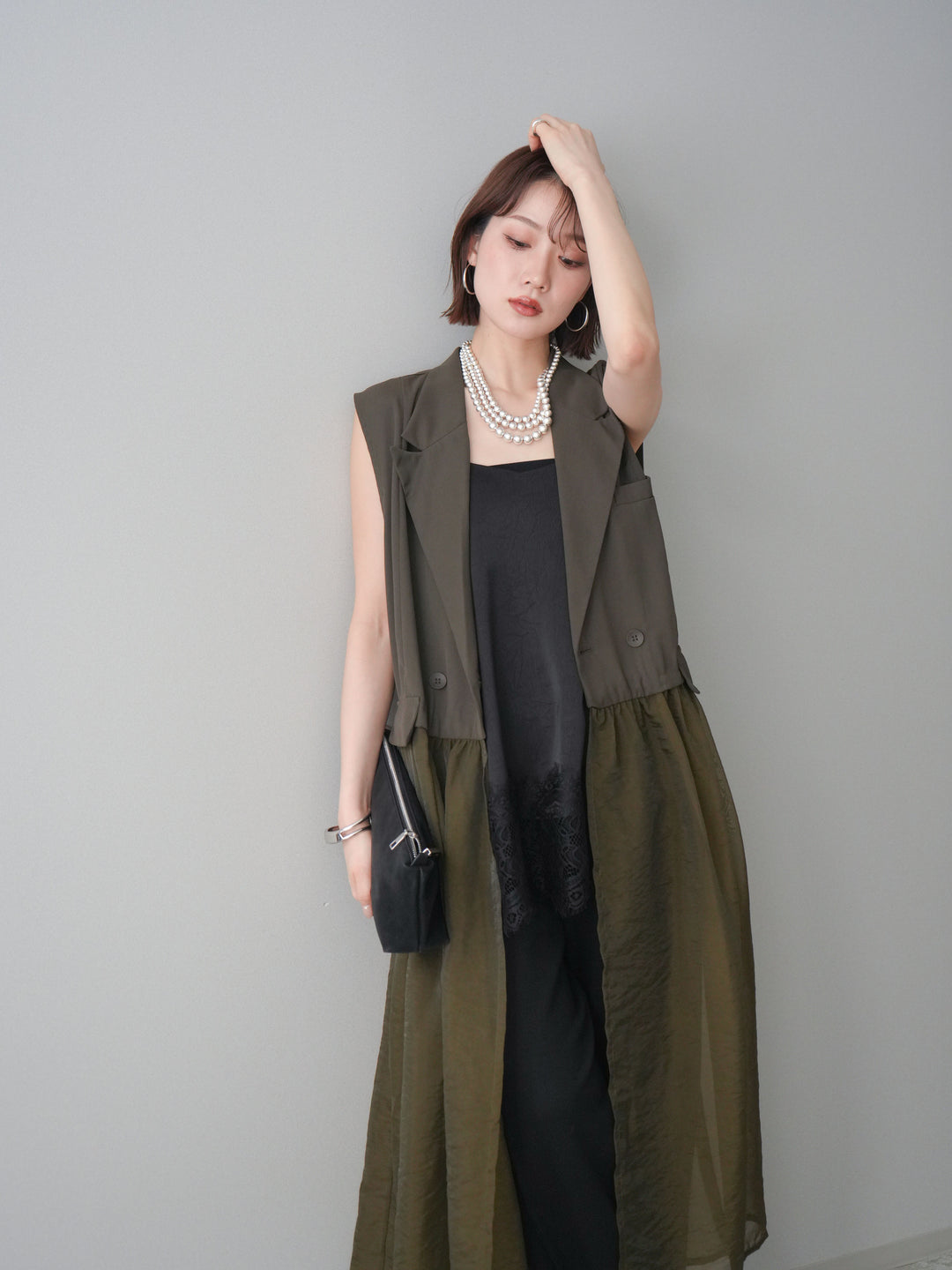 [SET]シアーレイヤードテーラードロングジレ+レーストリムキャミソール+2WAYデザインスウェットパンツ(3set)