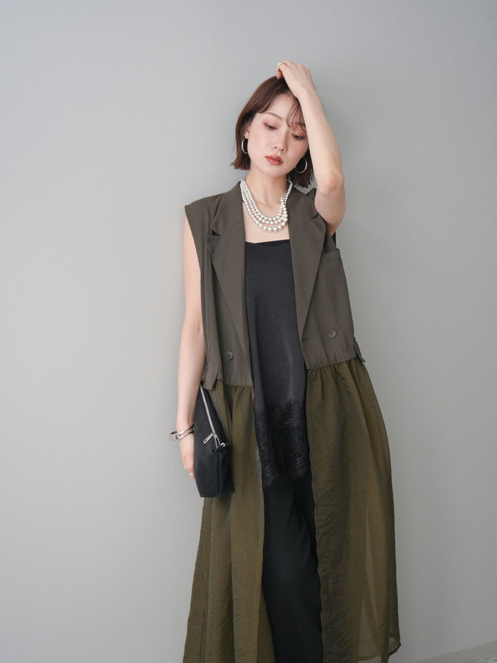 [SET]シアーレイヤードテーラードロングジレ+レーストリムキャミソール+2WAYデザインスウェットパンツ(3set)