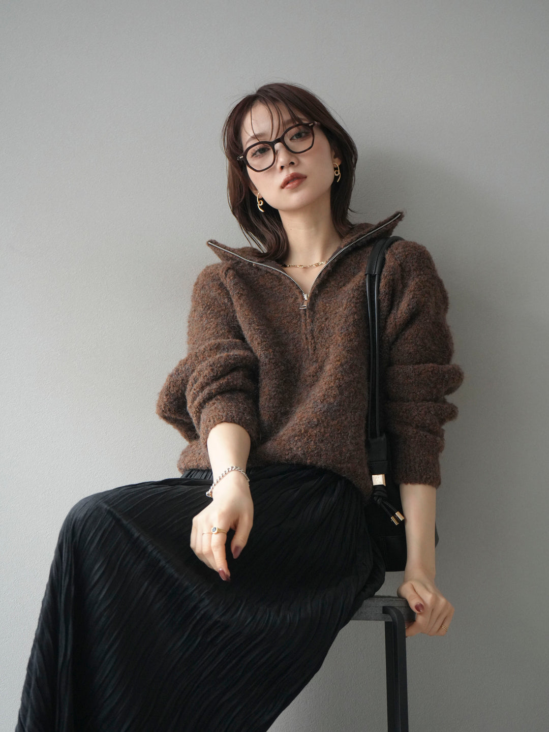 [予約]スタンドジップMIXブークレニットプルオーバー/brown