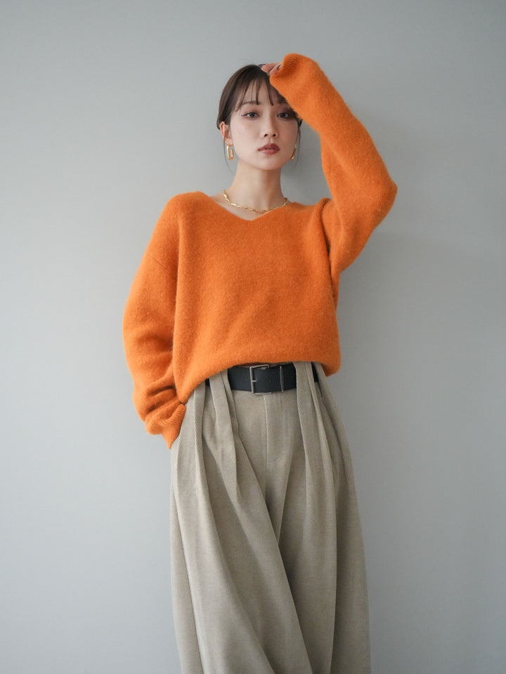 [SET]シュシュ付きアンゴラタッチVネックニットプルオーバー+ベルトデザインループコールテンワイドパンツ(ベルト付き)(2set)