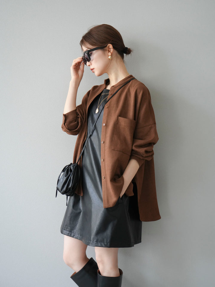 [SET] 麂皮立領外套襯衫 + 附單肩包皮革迷你連身裙（2 套）