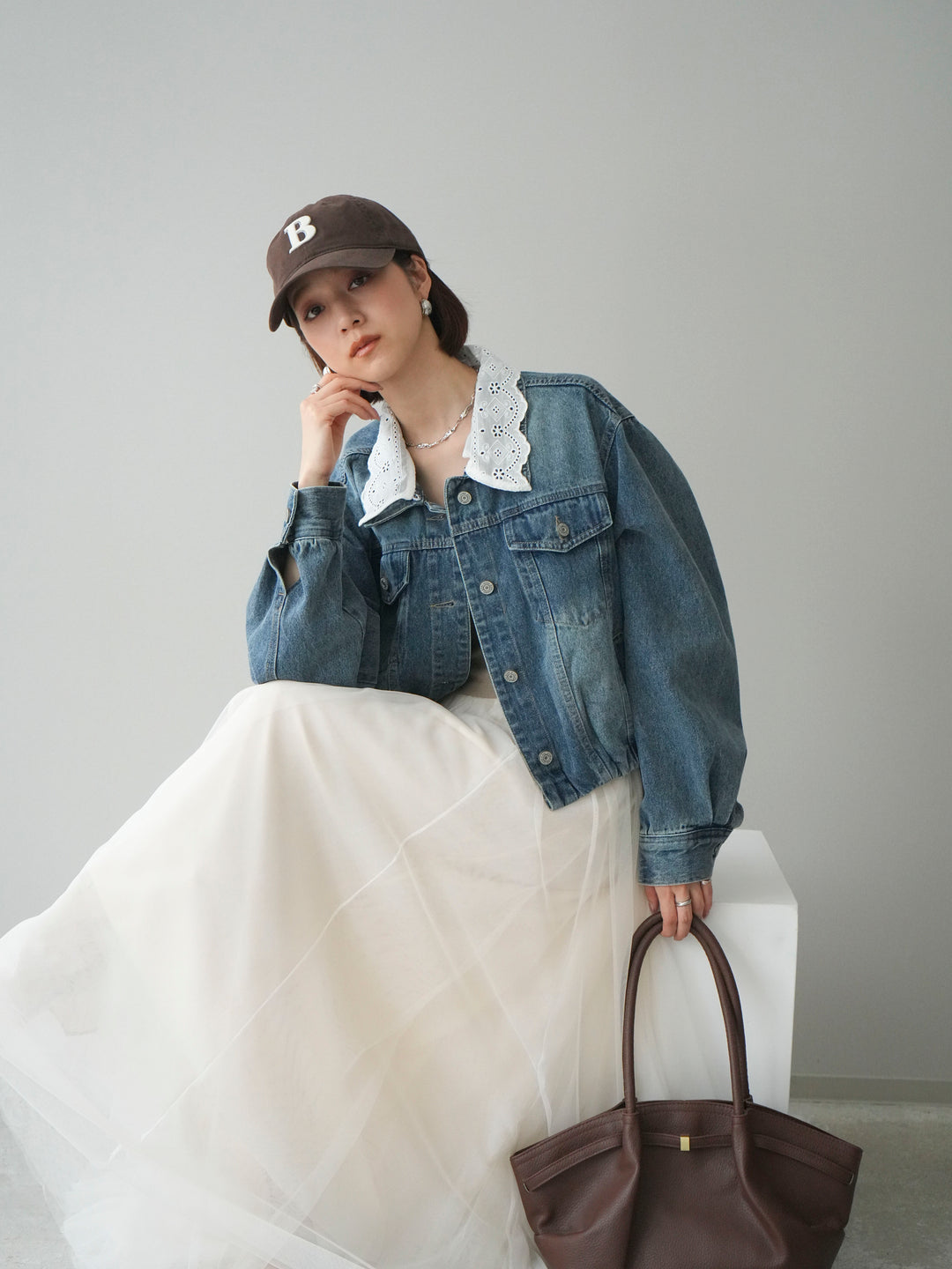 [予約]襟レースデニムショートジャケット/indigo