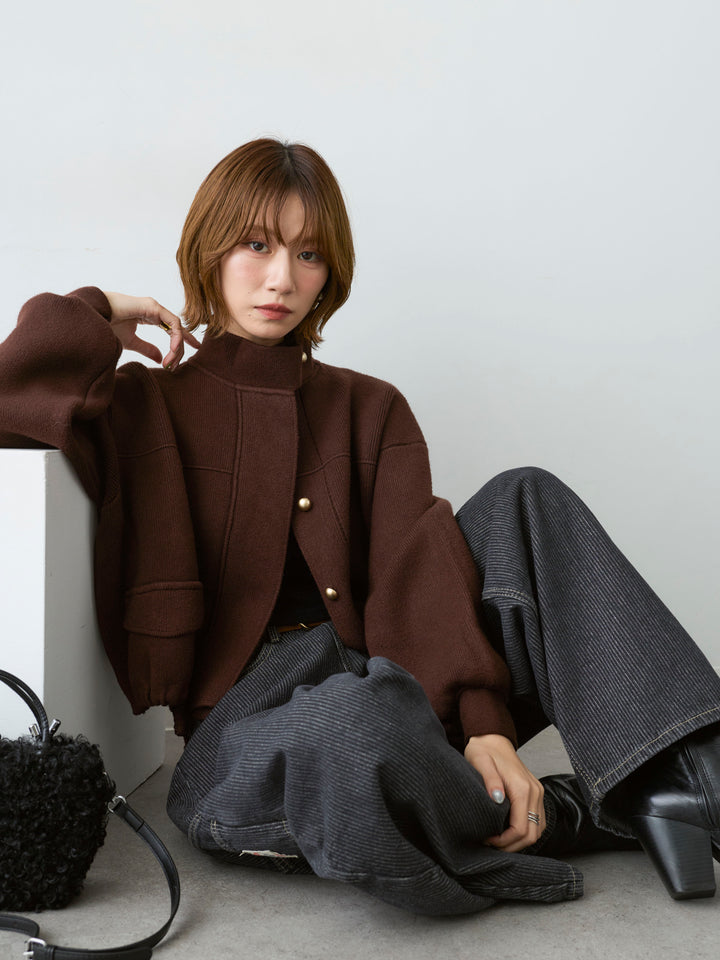 [予約]ゴールドボタンニットショートジャケット/brown