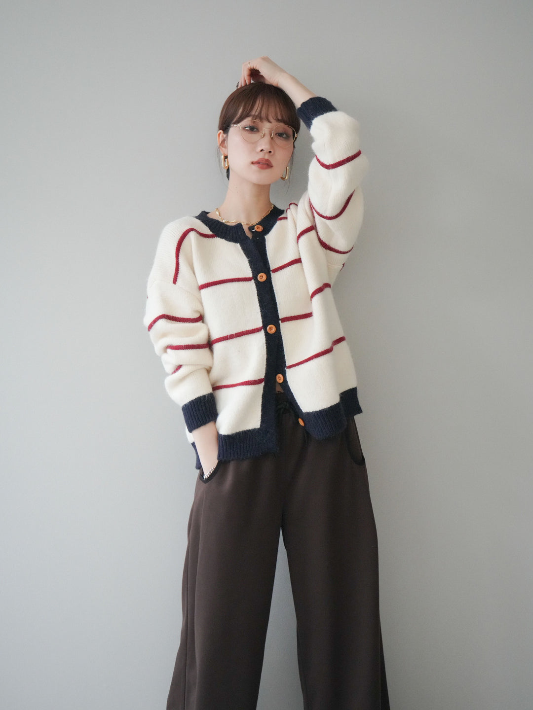 [予約]配色ボーダーニットカーディガン/red
