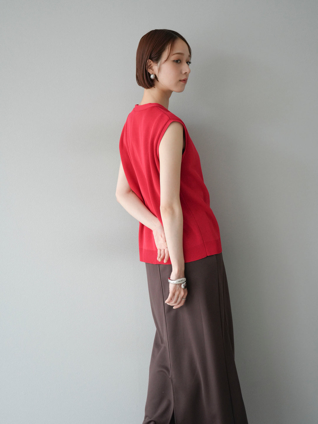 [SET]Vネックレーヨンニットベスト+スウェットロングスカート(2set)