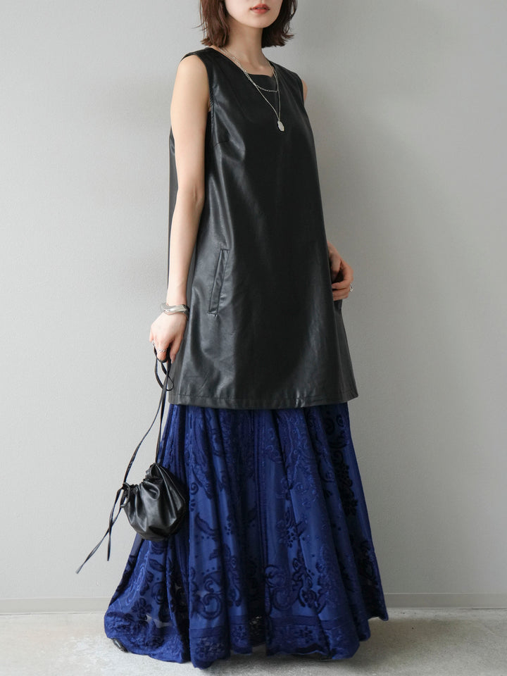 [予約]アンティーク柄フロッキーマキシスカート/ブルー