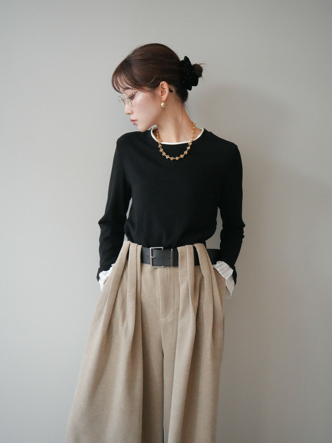 [予約]袖プリーツ配色レイヤードトップス/black