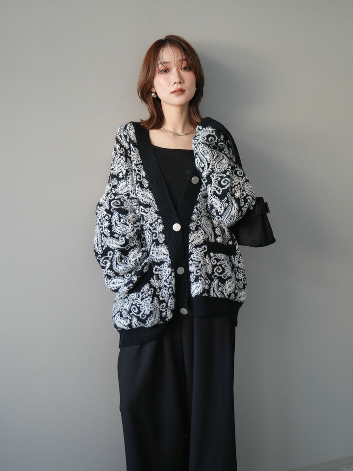 [予約]ペイズリー柄ニットカーディガン/black