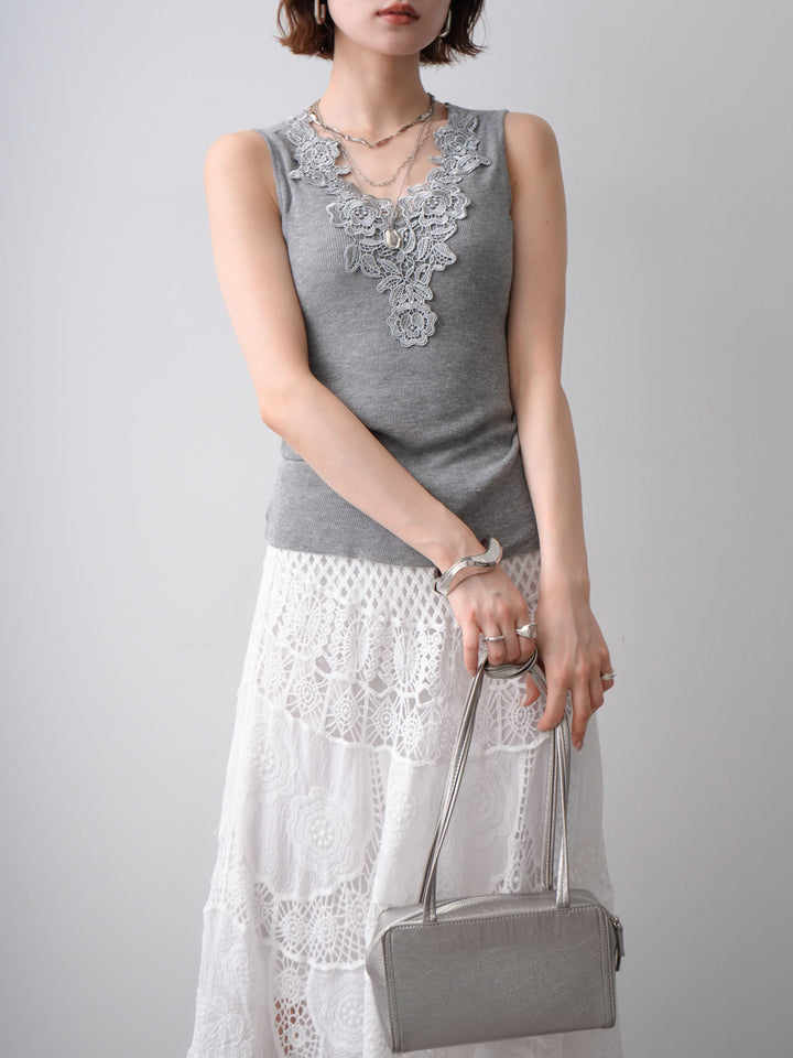 [SET]フラワーレースVネックリブニットタンクトップ+フラワーレースVネックリブニットタンクトップ(2set)