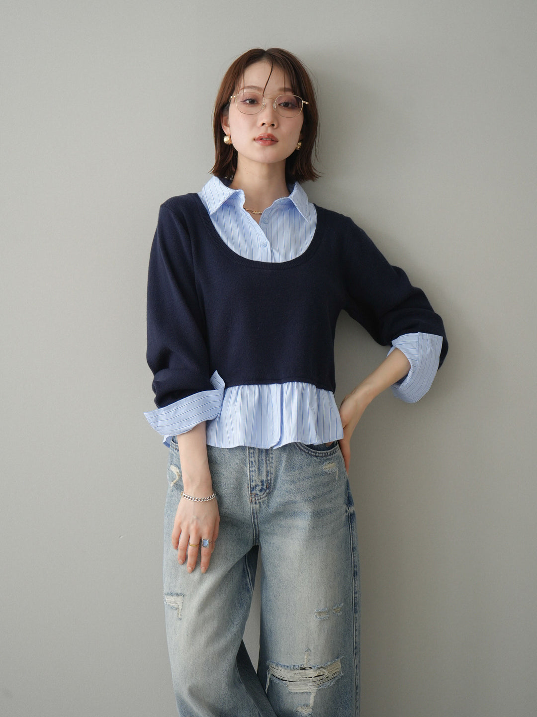 [予約]ストライプシャツUネックドッキングニットプルオーバー/navybluestripeB