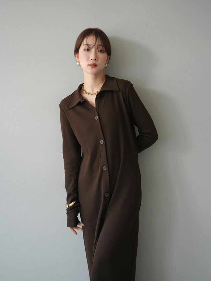 [予約]襟付きカットリブボタンワンピース/ブラウン