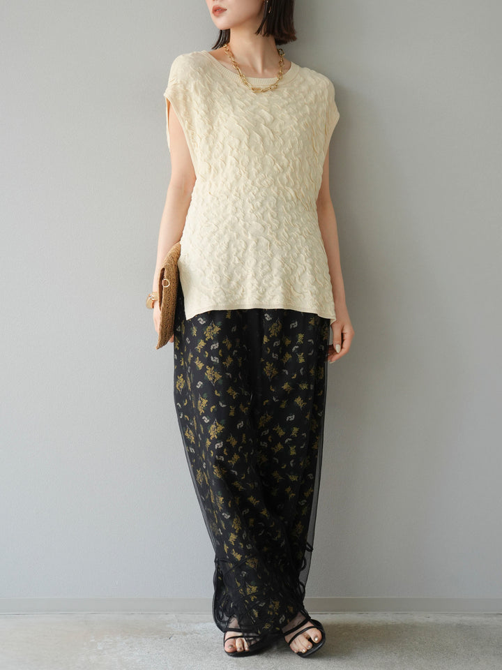 [予約]ブーケプリントタックパンツ/ブラック