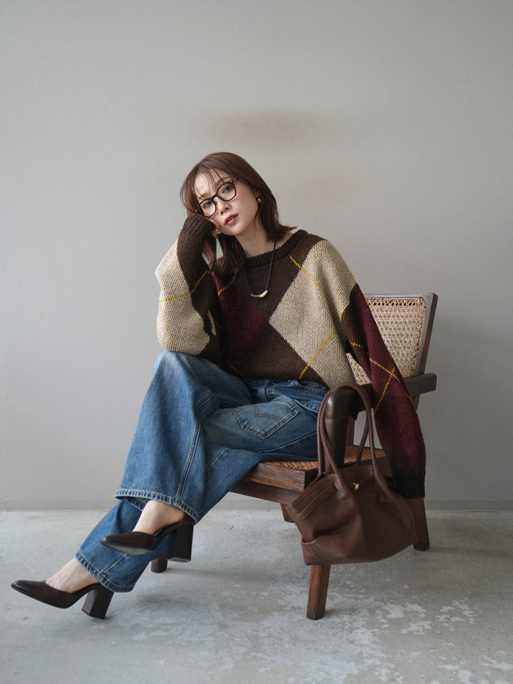 [予約]配色ステッチアーガイル柄ニットプルオーバー/brown