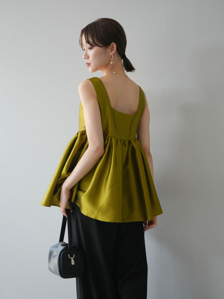 [予約]サテンフレアノースリーブトップス/グリーン