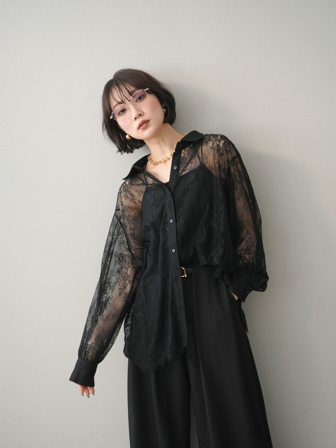 [予約]総レースボリュームスリーブシャツ/black