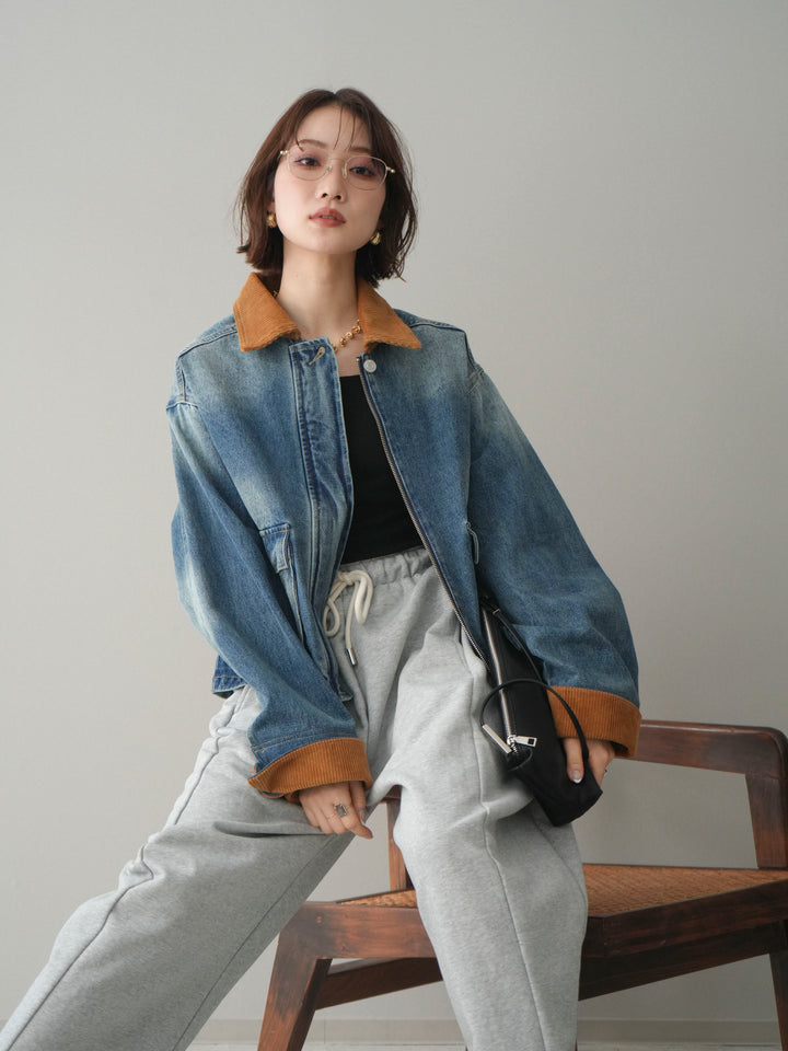 [予約]コーデュロイ×デニムショートカバーオール/blue