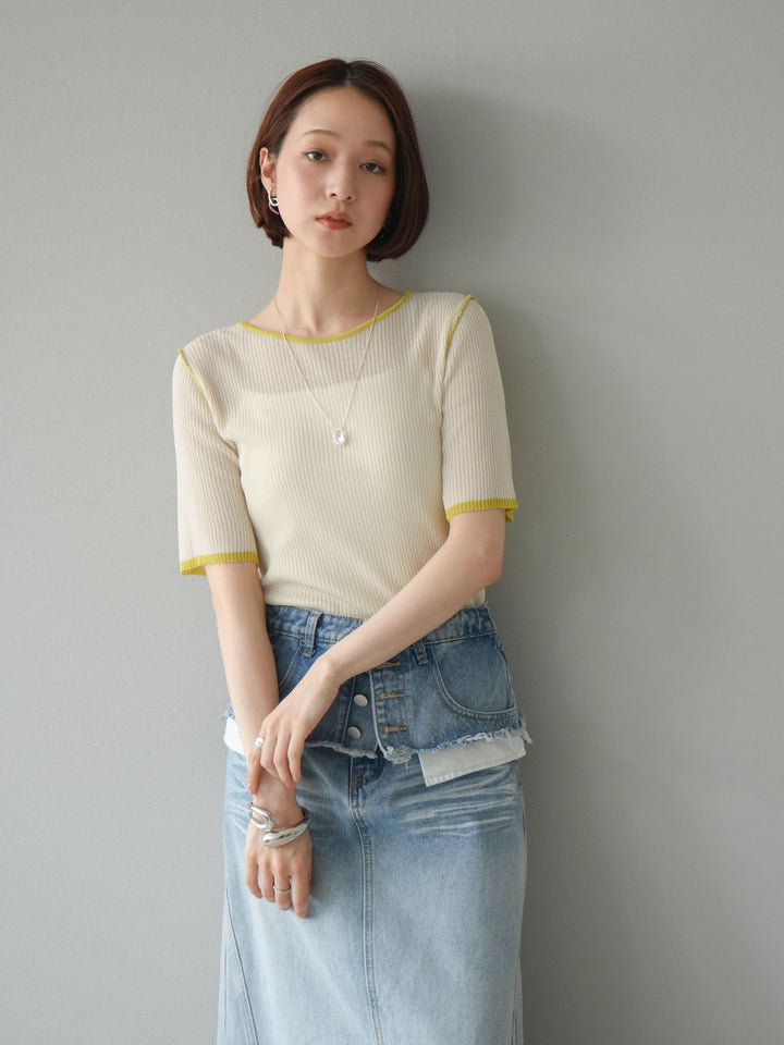 [予約]麻タッチ配色ニットハーフスリーブトップス/アイボリー