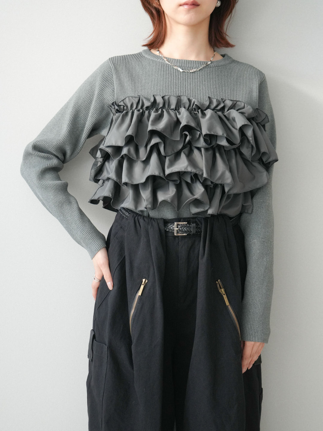 [SET]フリルビスチェドッキングスポンジニットプルオーバー+コットンタックループパンツ(2set)