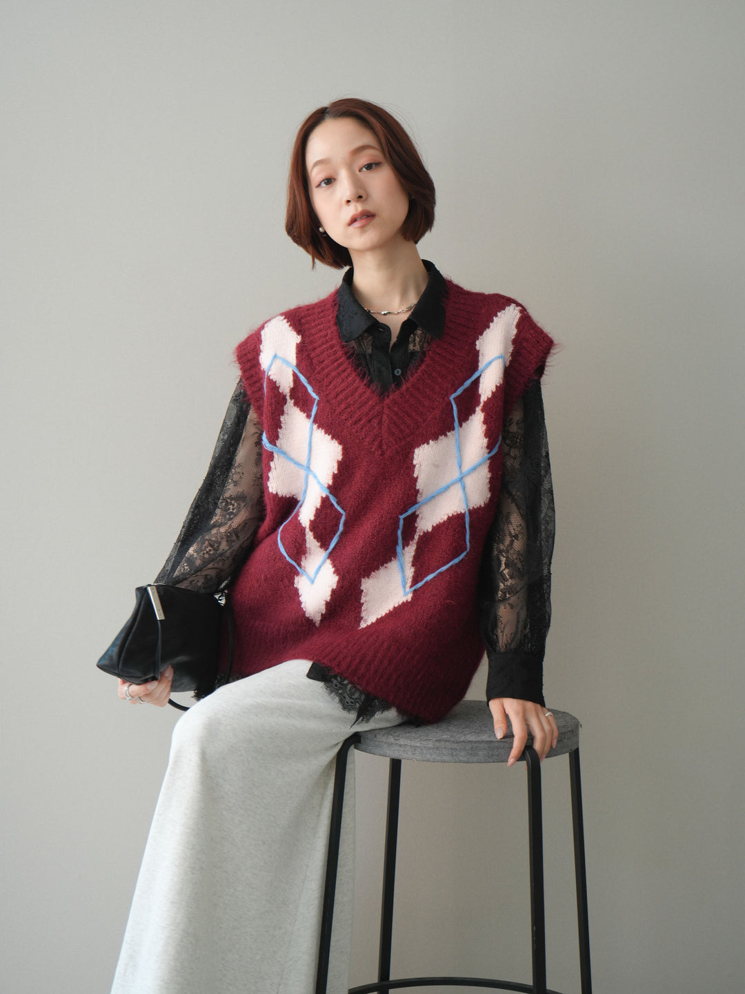 [SET]アーガイルVネックニットベスト+選べるアクセセット(2set)