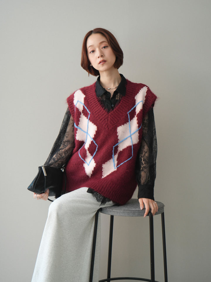 [SET]アーガイルVネックニットベスト+選べるアクセセット(2set)