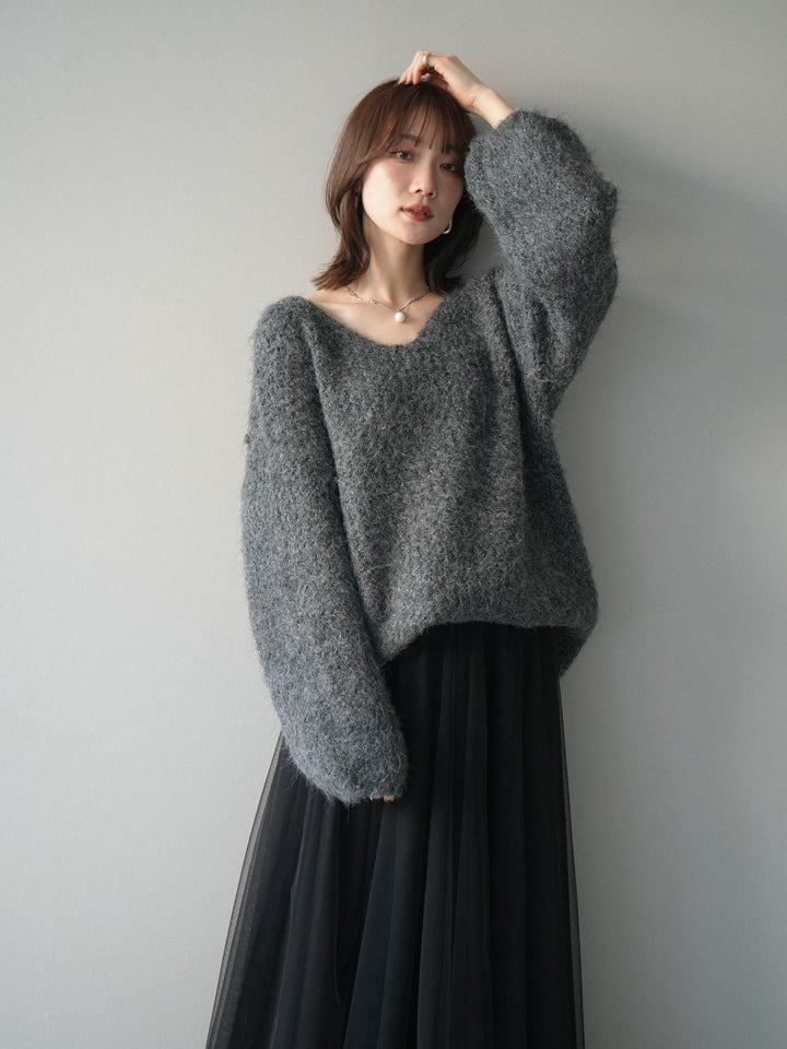 [予約]ウールタッチラメミックスヤーンVネックニットプルオーバー/charcoal