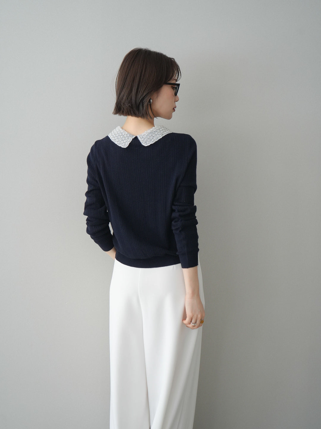 [SET]ビジュー襟パールボタンニットカーディガン+編み込みベルト付タックワイドパンツ(2set)