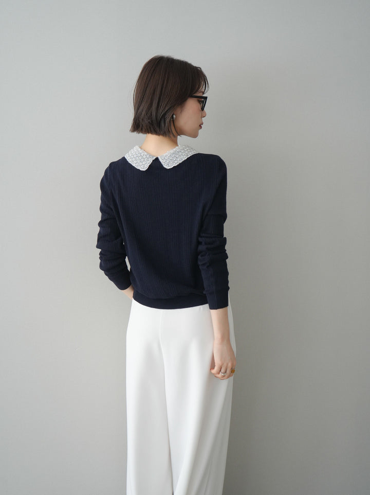 [SET]ビジュー襟パールボタンニットカーディガン+編み込みベルト付タックワイドパンツ(2set)