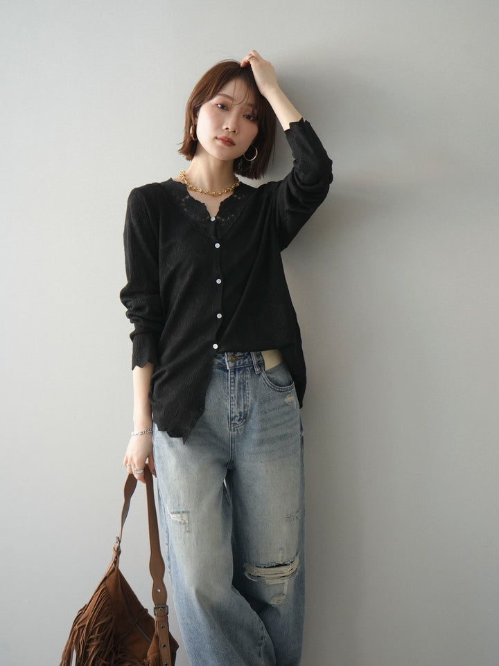 [SET]レースネックジャガードニットカーディガン+レースネックジャガードニットカーディガン(2set)