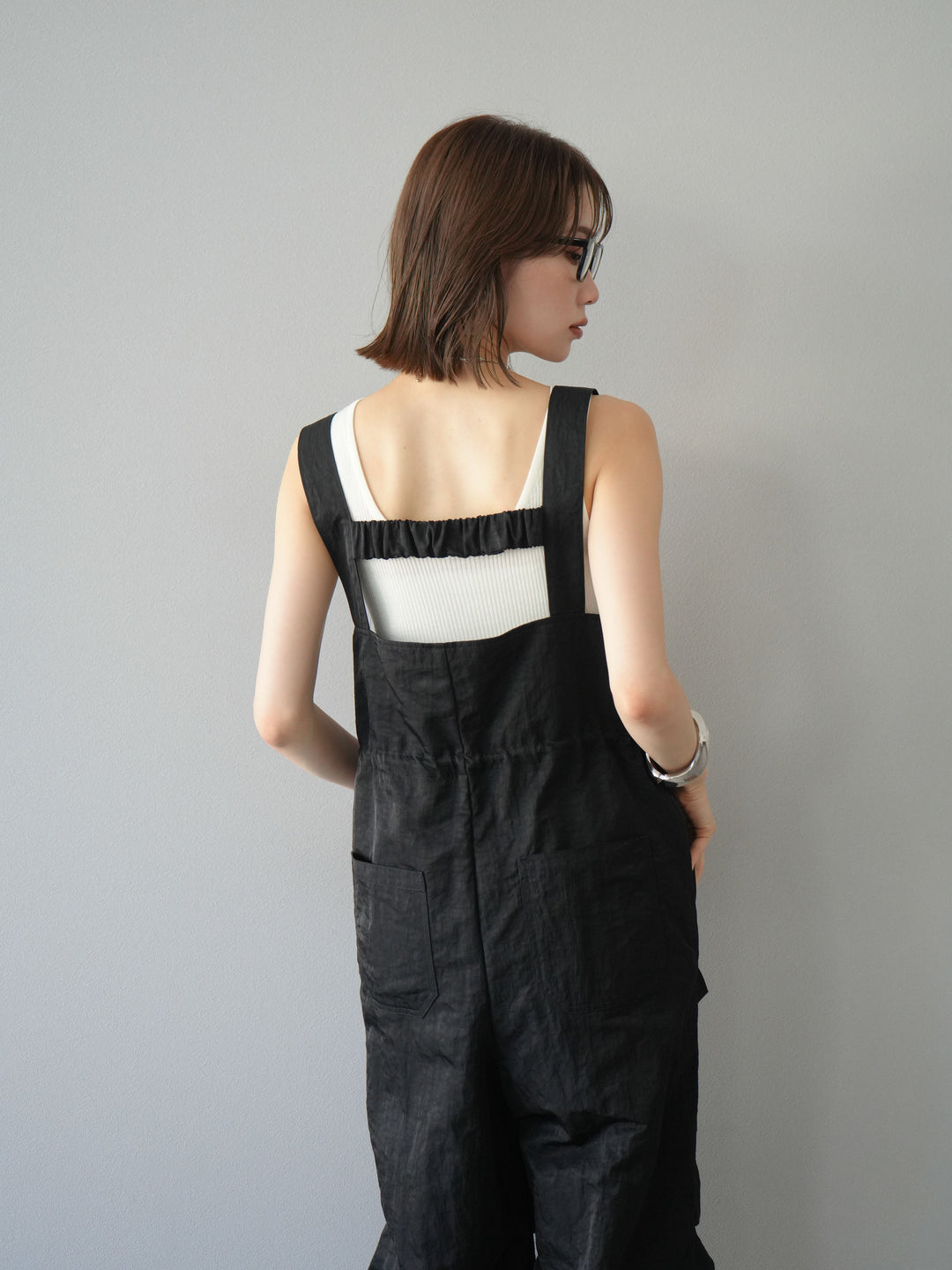 [予約]ナイロンタックデザインサロペット/ブラック